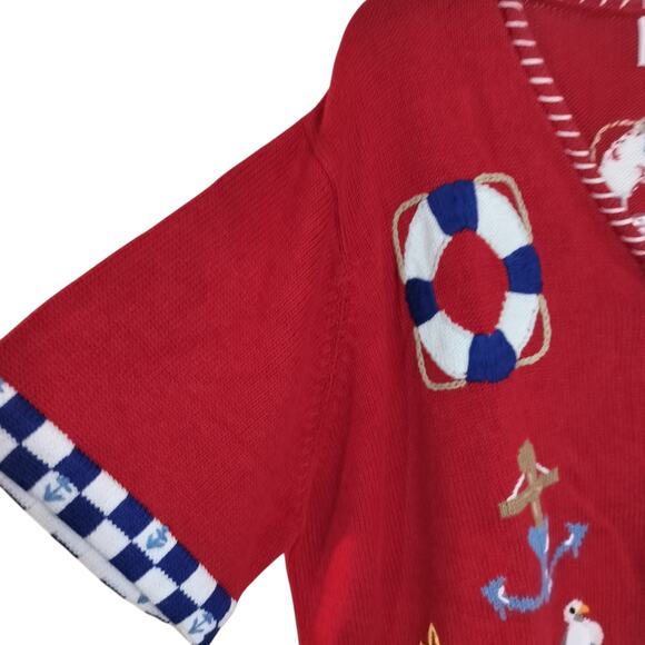 4532)The Quacker Factory Plus Nautical Knit Red Short Sleeve Cardigan Sweater 3X - Picture 2 of 6